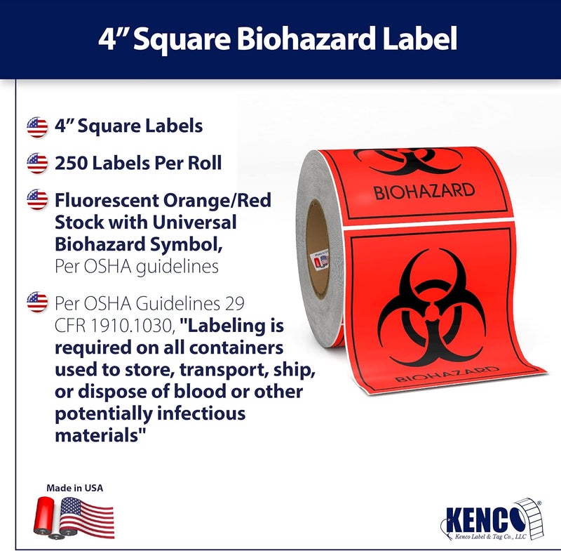 KENCO Biohazard Warning Labels 4" X 4" Inch, Fluorescent Red-Orange Hazardous Stickers 250 Labels Per Roll for Medical and Industrial Use and More - Made in The USA by (1) - Image 2
